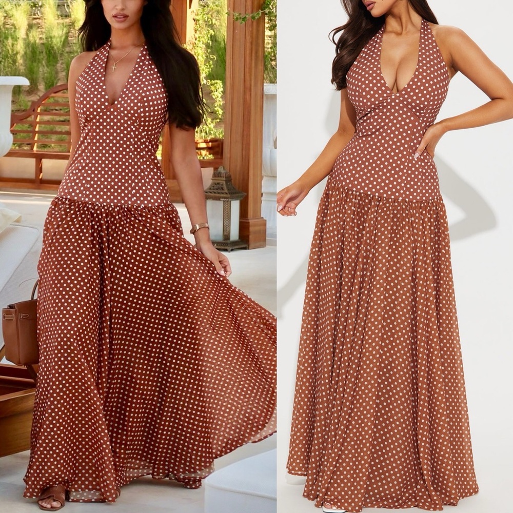 Polka Dot Halter Maxi Dress - Brown